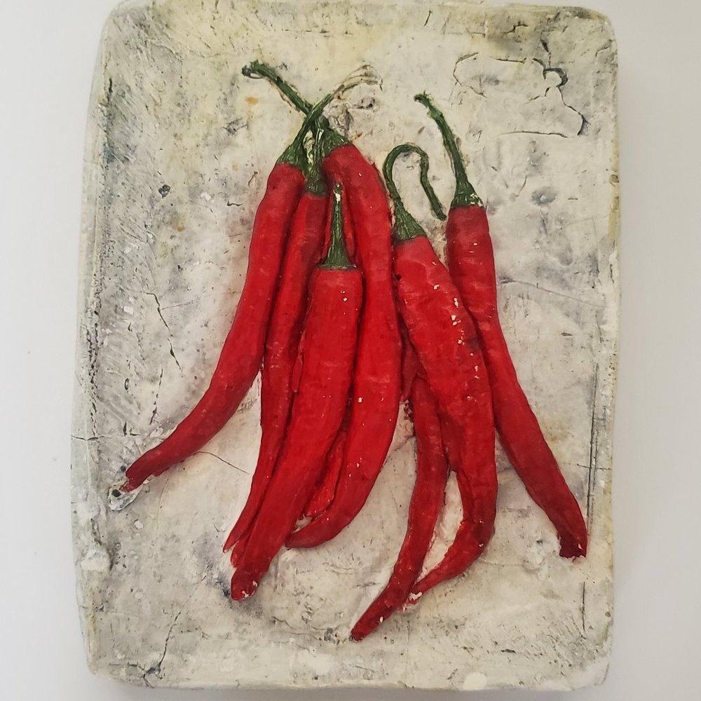 Red Hot Chilli Peppers Applique Rustic Stone Ceramic Wall Plaque Art Display